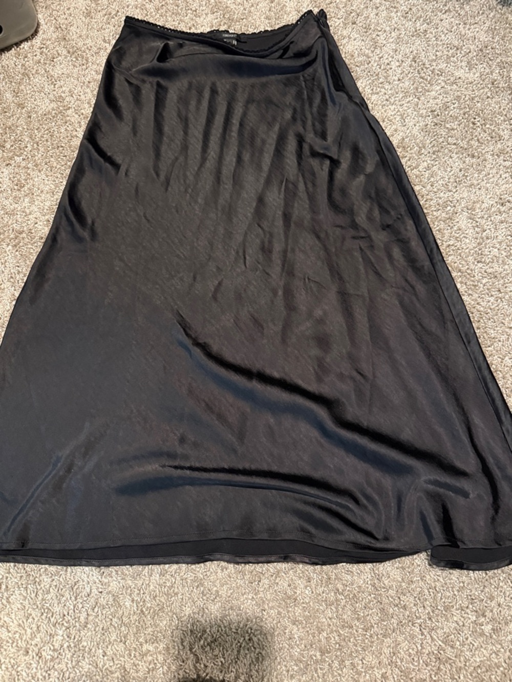 Forever 21 Black A-Line Satin Midi Skirt